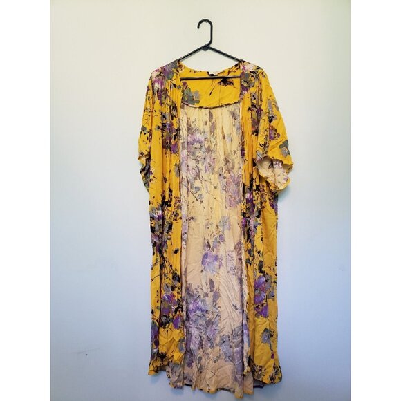 Umgee Sweaters - Umgee Womens XL Kimono Short Sleeve Yellow Floral Open Front Long Midi Duster